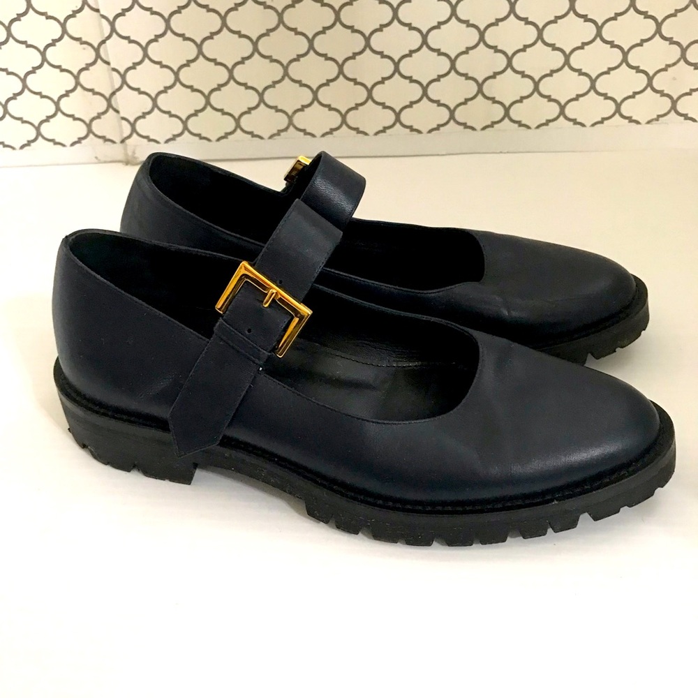 Suzanne Rae Navy Mary Jane Lug Sole Flats with Gold Buckle Size 39 - Picture 3 of 12
